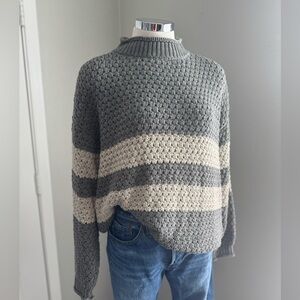 Knot Sisters S (Revolve) Gray & Cream Striped High Neck Pullover Sweater Small